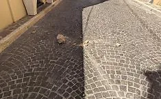 Crolla un cornicione in via Atenea: passanti sfiorati dai calcinacci, sfiorata la tragedia